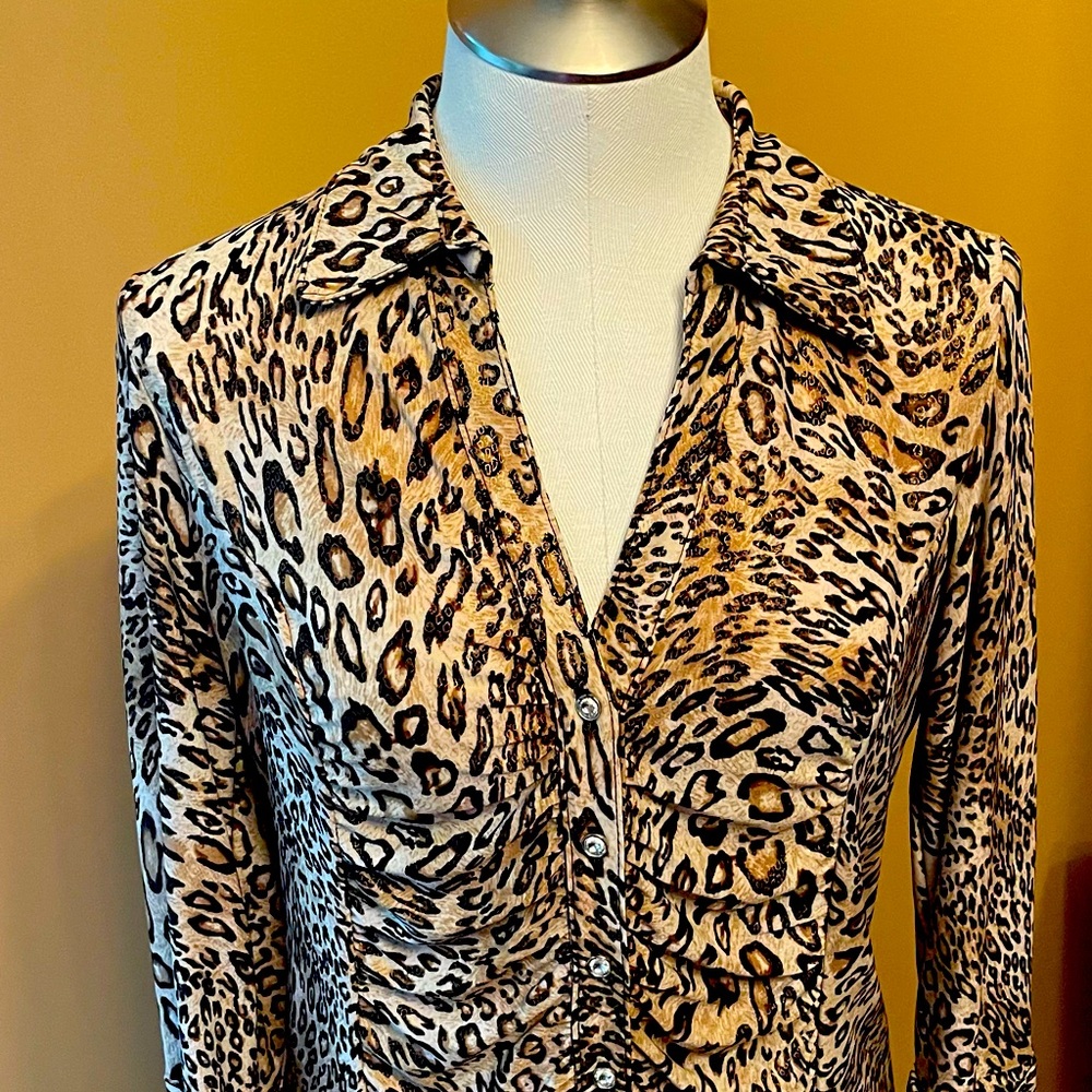 INC leopard shirt with rhinestone buttons size large.
